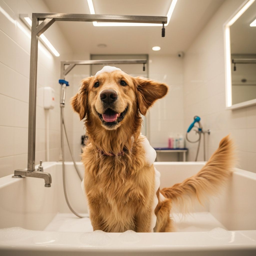 Cachorro feliz tomando banho